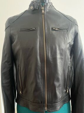 Classic Italian Black Leather Moto Jacket with Gold Hardware